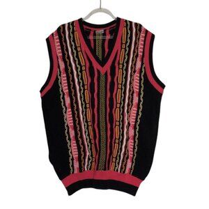 Vintage 3D Knit Sweater Vest Mens Size XL Black Red V Neck Sleeveless Pullover
